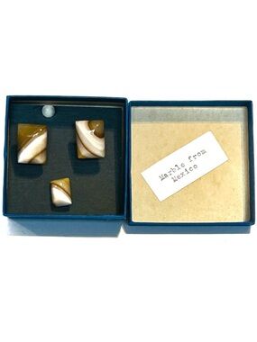Vintage Marble Cuff Links and Tie Clip Tack with Chain Mexico Brown Creme Gold